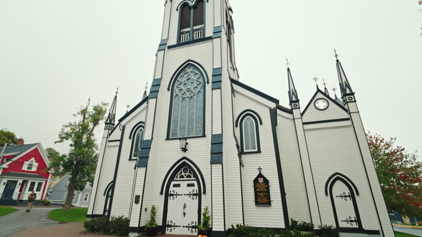 Panoramic view of a local church in Lunenburg, Nova Scotia, Canada.