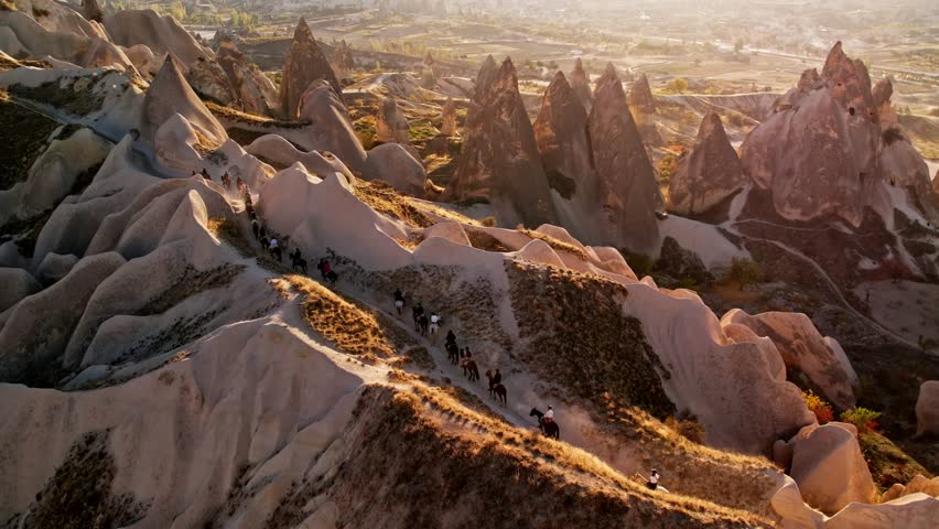 Horses Trekking Cappadocia Valleys Captured by Drone