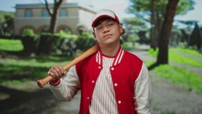 Young man in red baseball uniform playfully points to his nose with a bat resting on his shoulder in an outdoor park setting. - Powered by Shutterstock - Get 15% off with code: PIKWIZARD15