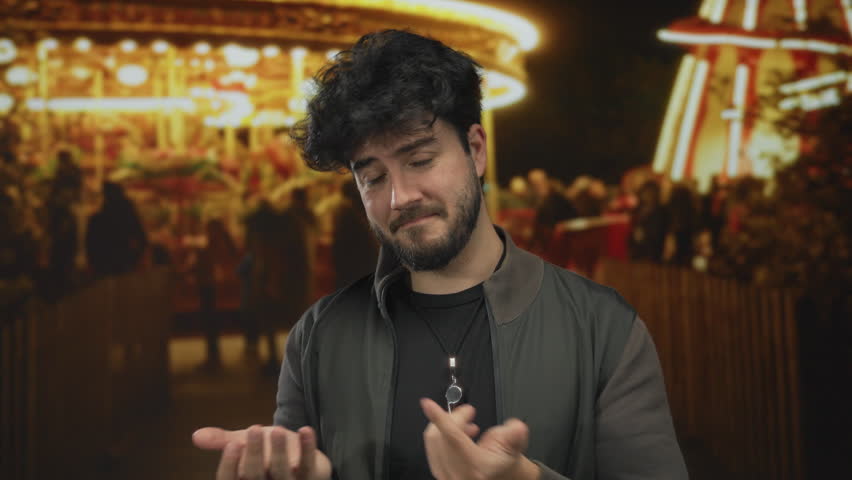 Young man with beard at night fair outdoors looking contemplative surrounded by bright illuminated rides creating a festive yet introspective atmosphere.