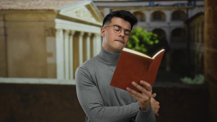 Young man reading a book in front of an old university building, wearing glasses and a turtleneck, focused on studying in an academic setting.