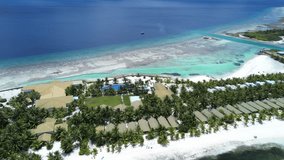 Aerial 4K drone footage of tropical beach resort with palm trees, swimming pool, turquoise ocean, coral reef and white sand on exotic island – Ideal luxury travel, tourism, and nature destination - Powered by Shutterstock - Get 15% off with code: PIKWIZARD15