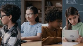 Medium split screen portraits of diverse schoolchildren, Middle Eastern and Asian girls, African American boys at programming lesson, writing computer code on laptop and tablet, smiling at camera - Powered by Shutterstock - Get 15% off with code: PIKWIZARD15