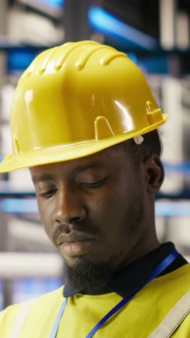 Vertical video Industry 4.0 plant engineer following maintenance procedures to mend bugs. Smart factory professional analyzing data on laptop to predict production lines and robotic arms failures