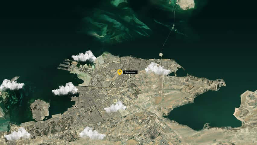 High‑resolution 3D satellite animation of Dammam, Saudi Arabia, showcasing sweeping aerial views of the Gulf Coast with gently animated clouds and a sleek, dynamic city label overlay - Powered by Shutterstock - Get 15% off with code: PIKWIZARD15