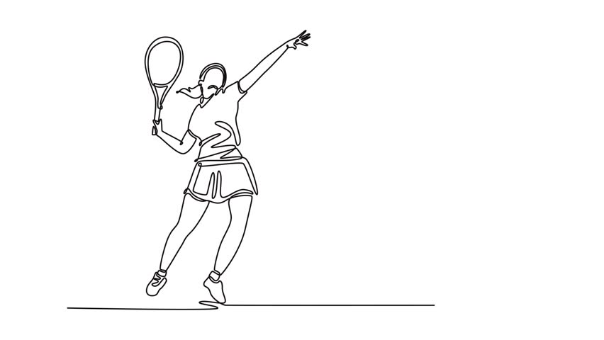 Animated self drawing continuous line draw woman tennis player serves tennis ball on court with precision and power. Perfect fit body, racket skills and uplifted mood. Full length one line animation - Powered by Shutterstock - Get 15% off with code: PIKWIZARD15