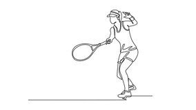 Self drawing animation of single line draw professional female tennis player hitting the ball with forehand method. Athlete practicing her skills and techniques. Continuous line. Full length animated - Powered by Shutterstock - Get 15% off with code: PIKWIZARD15