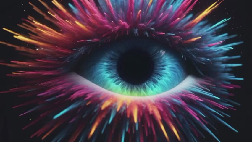 A dramatic close-up of a human eye. The iris is dominated by bright shades of blue and green, with a black pupil that looks like a swirl in the center.