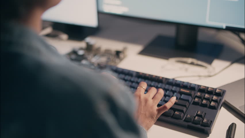 Close-up of asian woman’s hands typing code on mechanical keyboard at night, illuminated by screen light. Night coding session, engineer working overtime in tech environment.