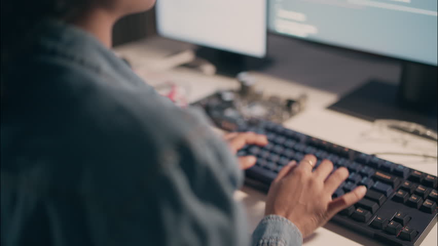 Close-up of asian woman’s hands typing code on mechanical keyboard at night, illuminated by screen light. Night coding session, engineer working overtime in tech environment. - Powered by Shutterstock - Get 15% off with code: PIKWIZARD15