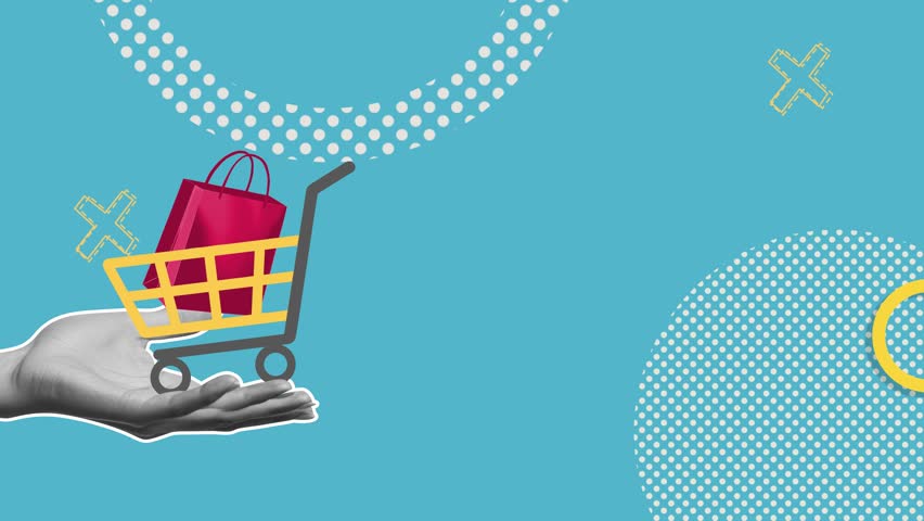 Hand Holding Shopping Cart Symbolizing Online Purchases and E-Commerce on Bright Blue Background with Geometric Shapes and Patterns