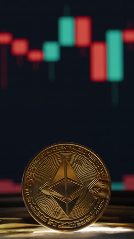Vertical video. Golden Ethereum Coin in Sharp Focus with a Rapidly Changing Candlestick Chart in the Background, Showing Volatile Market Movement and Crypto Trading Dynamics