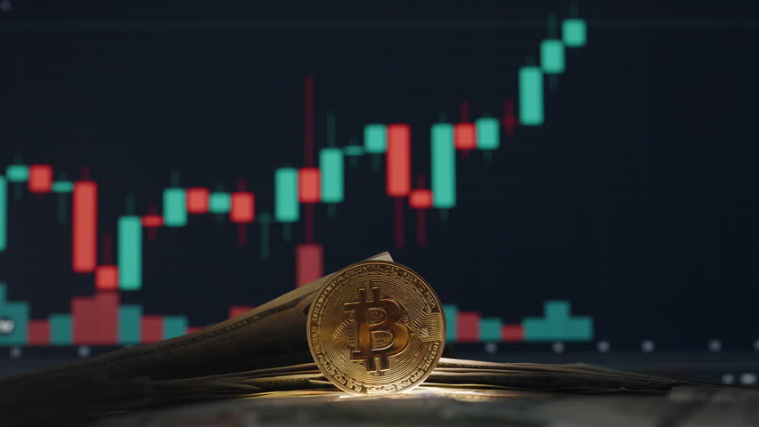 Hand Holding Dollar Bills near a Bitcoin Coin with Trading Chart in the Background Showing Rising Candlesticks