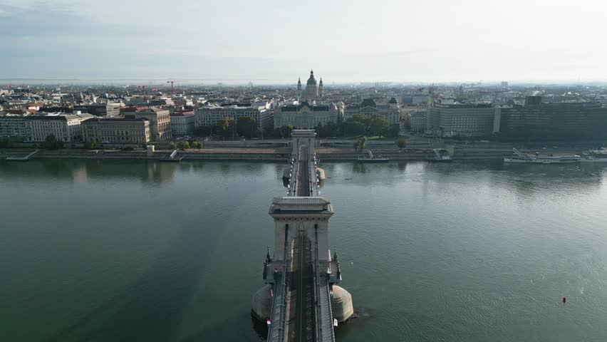 A 4k aerial drone video showing a perfectly symmetrical view of the Széchenyi Chain Bridge in Budapest during sunrise