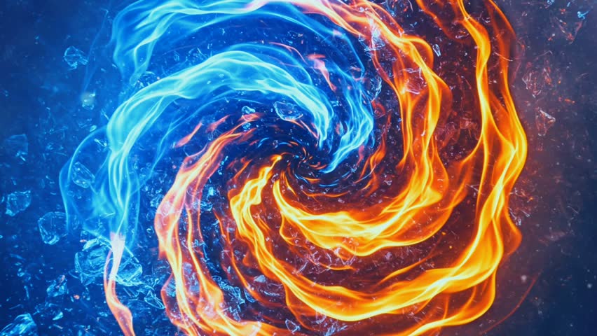 Stunning abstract animated video, where fire and ice swirls interact. Flowing and rotating movements. Ideal for visual backgrounds, transition effects or graphic elements in your creative projects
