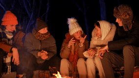 A group of friends in warm winter clothing sitting around a bonfire in a dark forest, sharing stories and enjoying the warmth of the fire on a cold night. - Powered by Shutterstock - Get 15% off with code: PIKWIZARD15