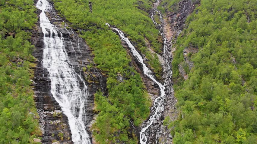 Norway. View from above on a waterfall in the mountains in summer