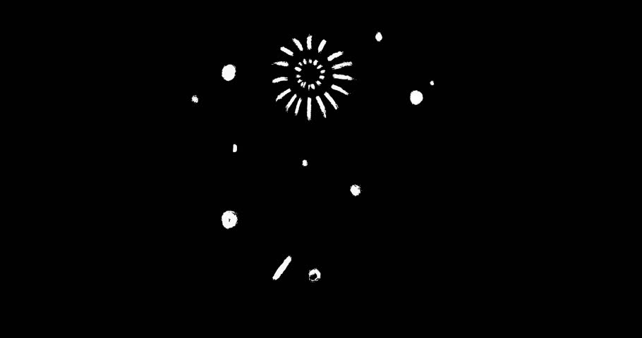 Doodle Fireworks Loop Animation. Whimsical hand-drawn animation of festive fireworks with crayon texture. Perfect for celebrations, parties, events. Playful white scribble on alpha channel.