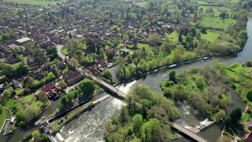 Beautiful England Village Goring and Streatley, small town next to River Thames. Spring time aerial view, UK