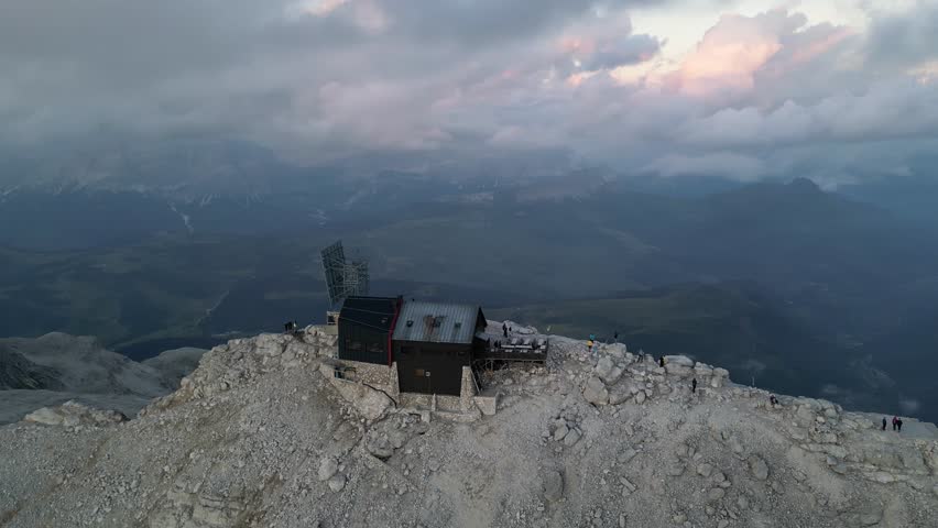 Aerial view of Piz Boe summit with Rifugio Capanna Piz Fassa