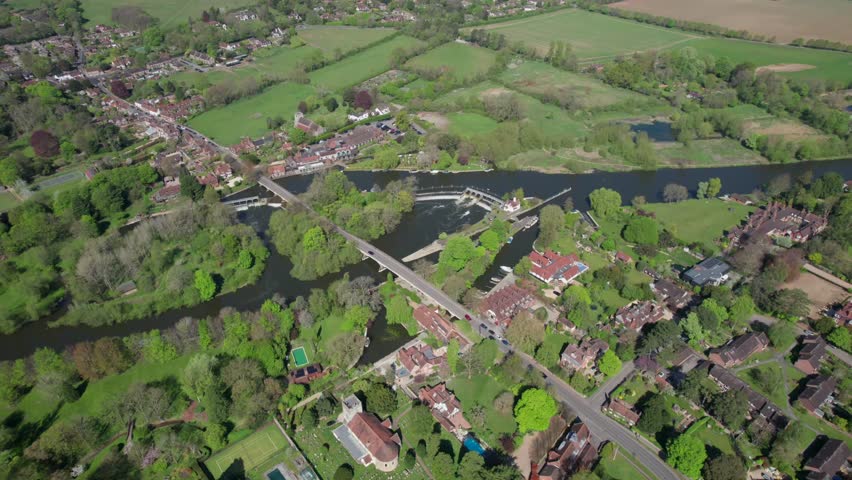 Beautiful England Village Goring and Streatley, small town next to River Thames. Spring time aerial view, UK