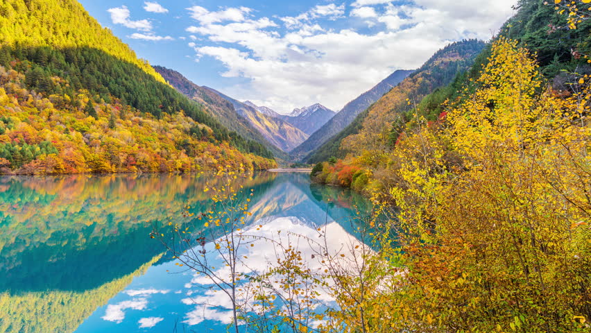 Time lapse of Jiuzhaigou national park in autumn, China.