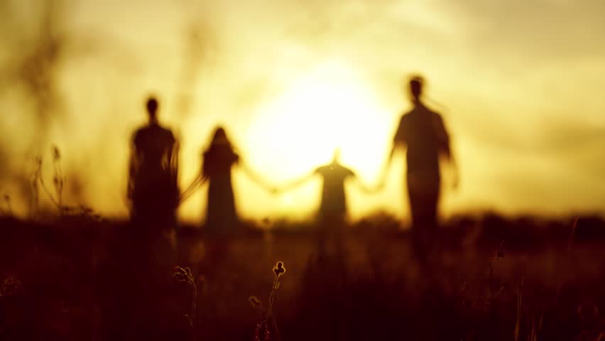 Happy family walks holding hands in park sunset. Children, parents relax carefree. Family walks on grass with. Family travel parents daughter son. Happy People traveling outdoor. Silhouette People sun