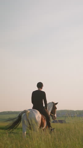 A peaceful, back-facing shot of a person dressed in black, riding a horse through a vast grass field during sunset. The warm, fading light of the day casts a serene glow over the landscape