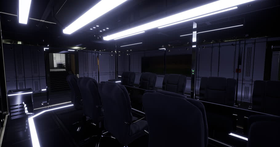 A spacious conference room showcases a contemporary design with dark seating and advanced lighting. The atmosphere is professional, inviting collaboration and discussions at any time.