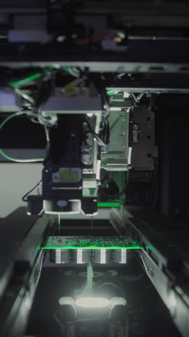 Close-up: installing electronic components. Printed circuit board moves with SMD. Automatic welding, solder machine. Production technology. Diagnose test chips and processors. Manufacture of High-tech