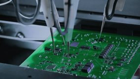 Close-up: installing electronic components. Printed circuit board moves with SMD. Automatic welding, solder machine. Production technology. Diagnose test chips and processors. Manufacture of High-tech - Powered by Shutterstock - Get 15% off with code: PIKWIZARD15