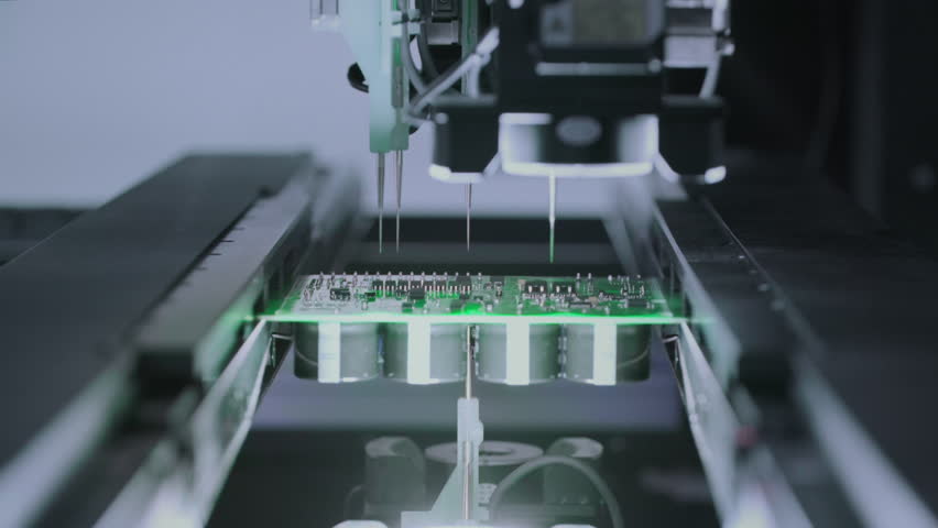 Close-up: installing electronic components. Printed circuit board moves with SMD. Automatic welding, solder machine. Production technology. Diagnose test chips and processors. Manufacture of High-tech