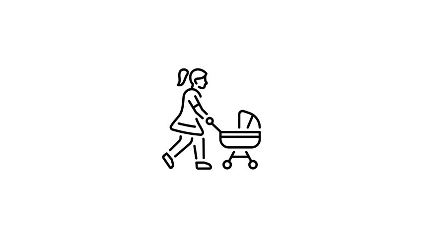 A woman pushing a baby carriage, line style animated icon 