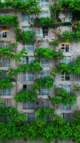 eco friendly green building with vertical garden, city harmony concept, sustainable futuristic architecture and urban nature balance, 4k vertical video