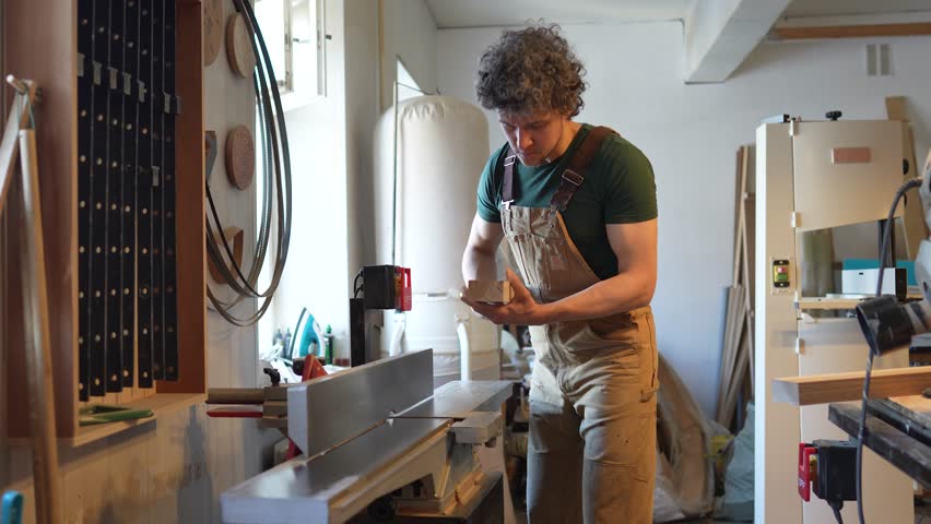 Meticulous young carpenter operates electric jointer, shaping wooden block in workshop. Tool for final woodworking polish, removing defects by machining, smooth surface, handyman job, craftsmanship