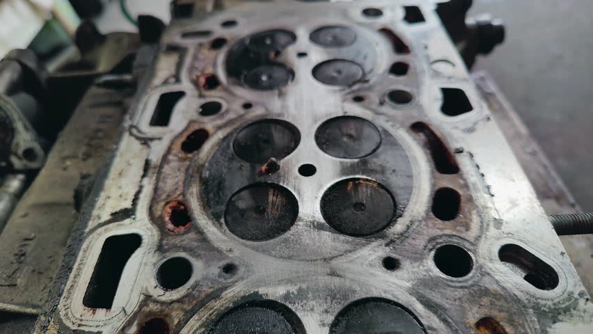 Cylinder Head Repair of Old Car Engine Footage.