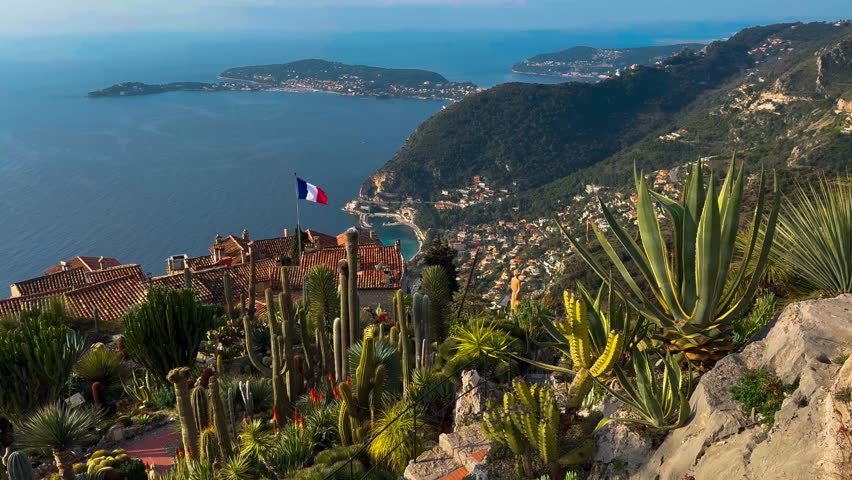 Exotic garden Jardin Exotique d'Eze in the village of Eze Provence, Alps, Cote d'Azur France February 27, 2025. High quality 4k footage