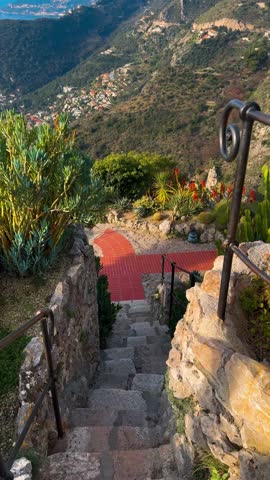 Exotic garden Jardin Exotique d'Eze in the village of Eze Provence, Alps, Cote d'Azur France February 27, 2025. High quality 4k footage
