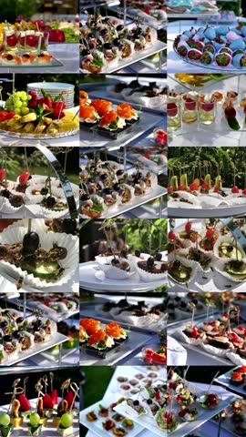 wasps fly over beautifully decorated banquet table with snacks and canapes. buffet for a holiday. collage, multiscreen