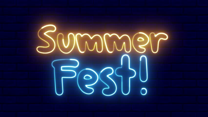 3840x2160. Summer Fest text font with neon light. Luminous and shimmering haze inside the letters of the text Summer Fest. Summer Fest neon sign. 