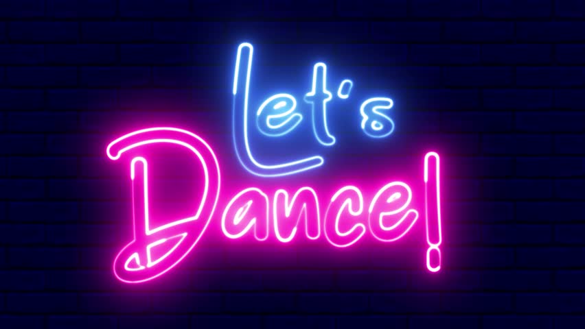 Let's Dance text font with neon light. Luminous and shimmering haze inside the letters of the text Let's Dance. Let's Dance neon Sign.  ULTRA HD.