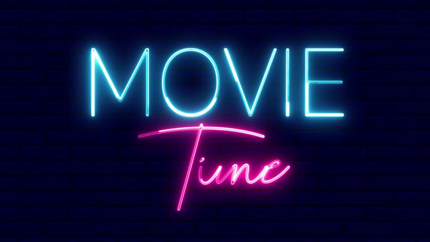 Movie time neon sign. Movie time text font with light. Luminous and shimmering haze inside the letters of the text Movie time. 