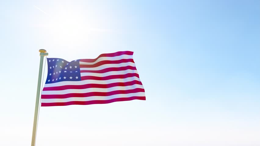United States Flag Video. Flag of United States waving in the wind, sky and sun background. Flag of the United States. 4K UHD. 