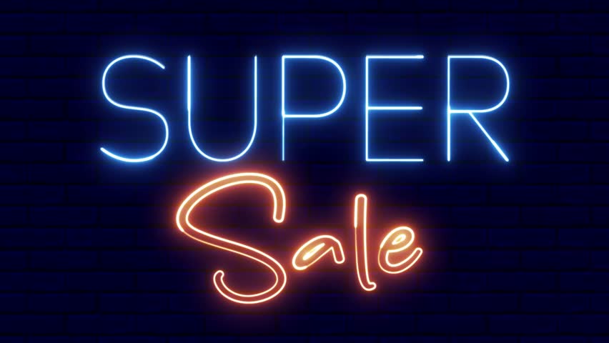 Super Sale neon sign. Black Friday concept. Super Sale text font with neon light. Luminous and shimmering haze inside the letters of the text Super Sale. 