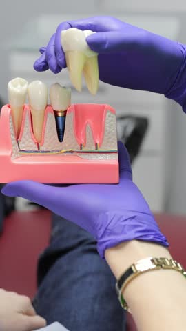 A dental professional explains tooth anatomy to a child, encouraging awareness and good oral health habits. Vertical