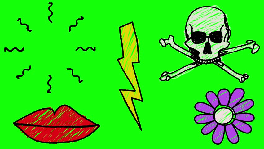This clip features 30 stop motion doodle animations of common symbols and emojis, on a green background that can be keyed out. Each doodle plays for three seconds, at 5 frames per second. Loopable.