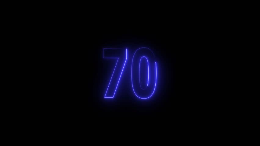 Glowing neon countdown 70 number animation. Countdown timer number animation.