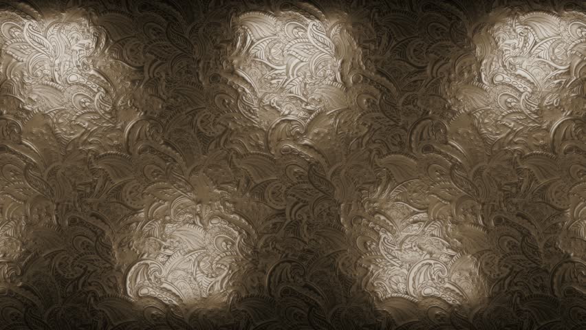 Animated ornate embossed texture background. Moving light reveals intricate sepia pattern details. Ideal for luxury, vintage, or elegant backdrops