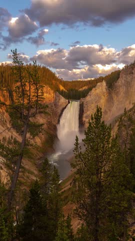 Vertical Timelapse, Lower Falls and Landscape Under Clouds, Yellowstone National Park, Wyoming USA