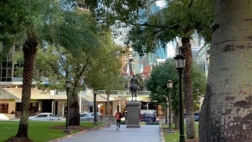 4K sweeping view of Anzac Square in Brisbane City, Australia